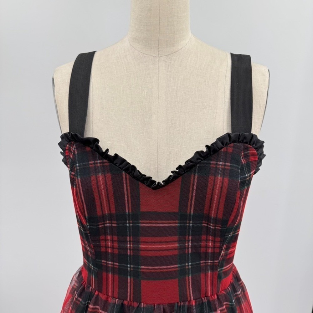 Betsey Johnson Plaid Mesh Tulle Tiered Midi Dress 4 Tartan Romantic Goth 90s - Picture 6 of 12